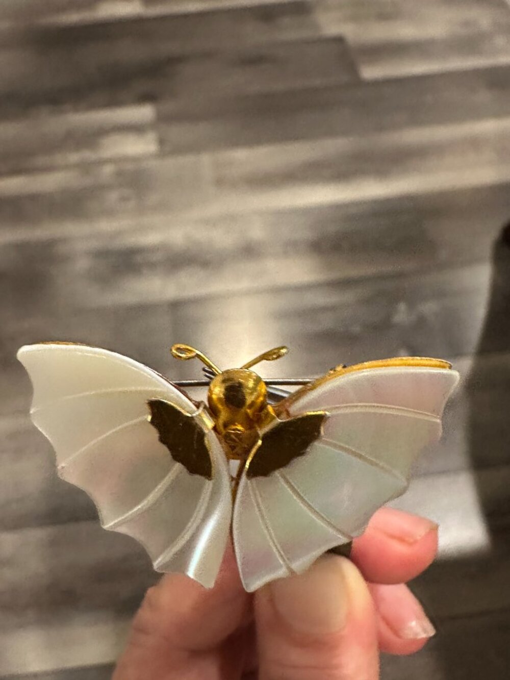 Vintage Gold - Tone & Mother of Pearl Butterfly Brooch, Dainty Figural Pin